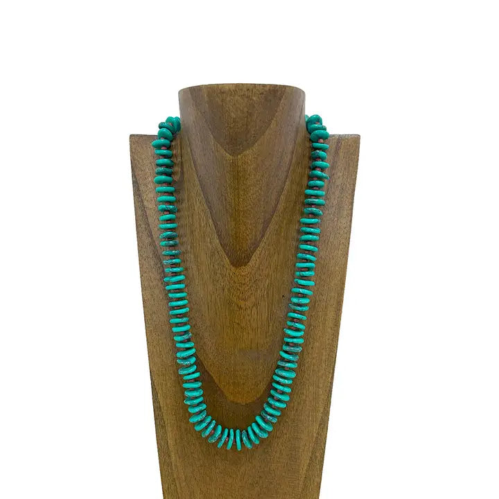 24" Flat Green Turquoise Stone with Brown Sequin Beads Necklace
