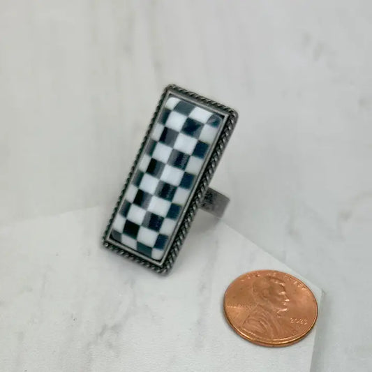 Silver Metal Checker Print Bar Ring