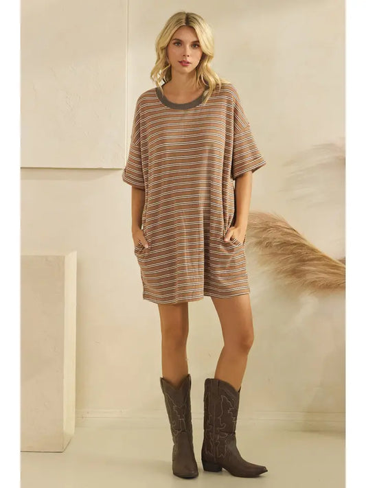 Stripe Knit Pullover T-Shirt Dress with Pockets