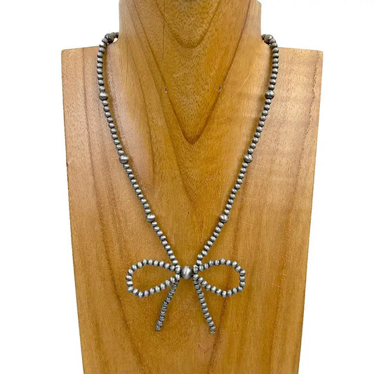16" Silver Navajo Pearl Beads with Bow Tie