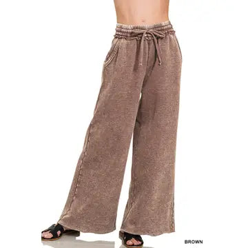 Acid Wash Fleece Palazzo Sweatpants with Pockets - Brown