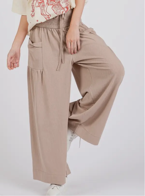 Relaxed Wide-Leg Smocked Pants - Natural