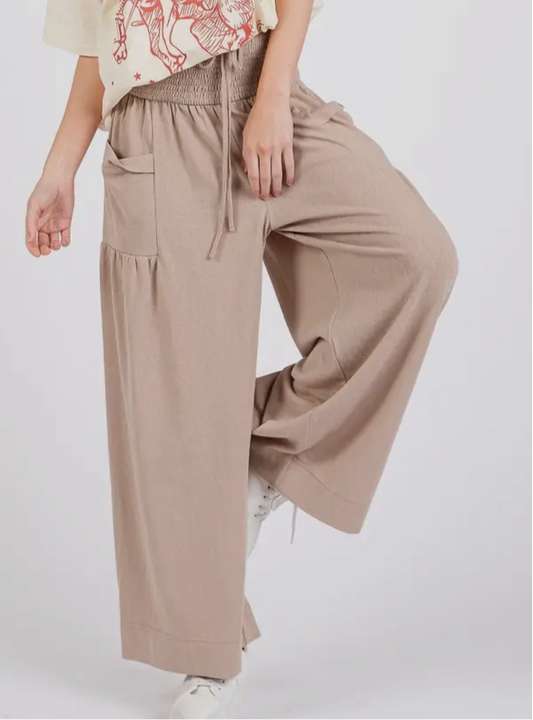 Relaxed Wide-Leg Smocked Pants - Natural