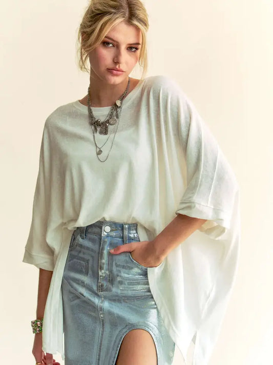 Solid Drop Shoulder Batwing Sleeve Top