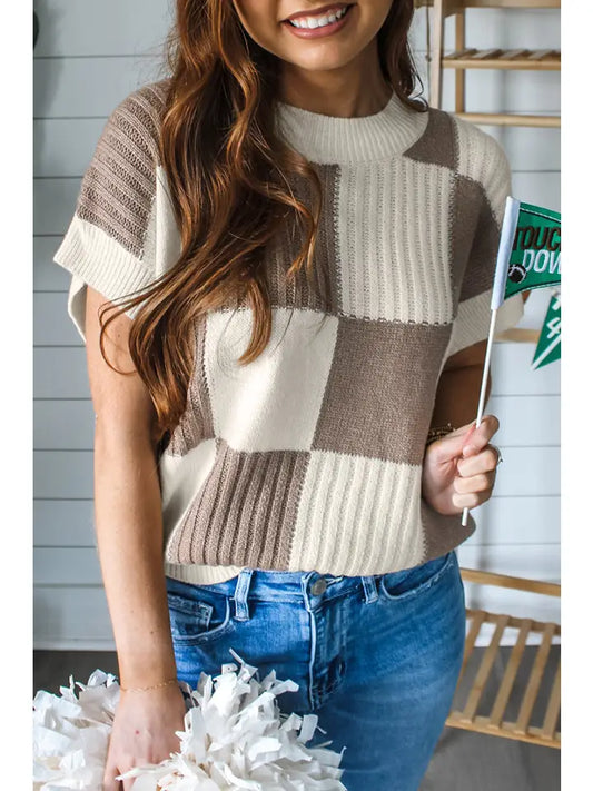 Checker Colorblock Short  Sleeve Sweater