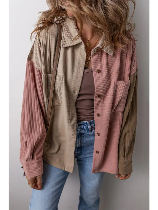 Colorblock Corduroy Chest Pocket Shacket